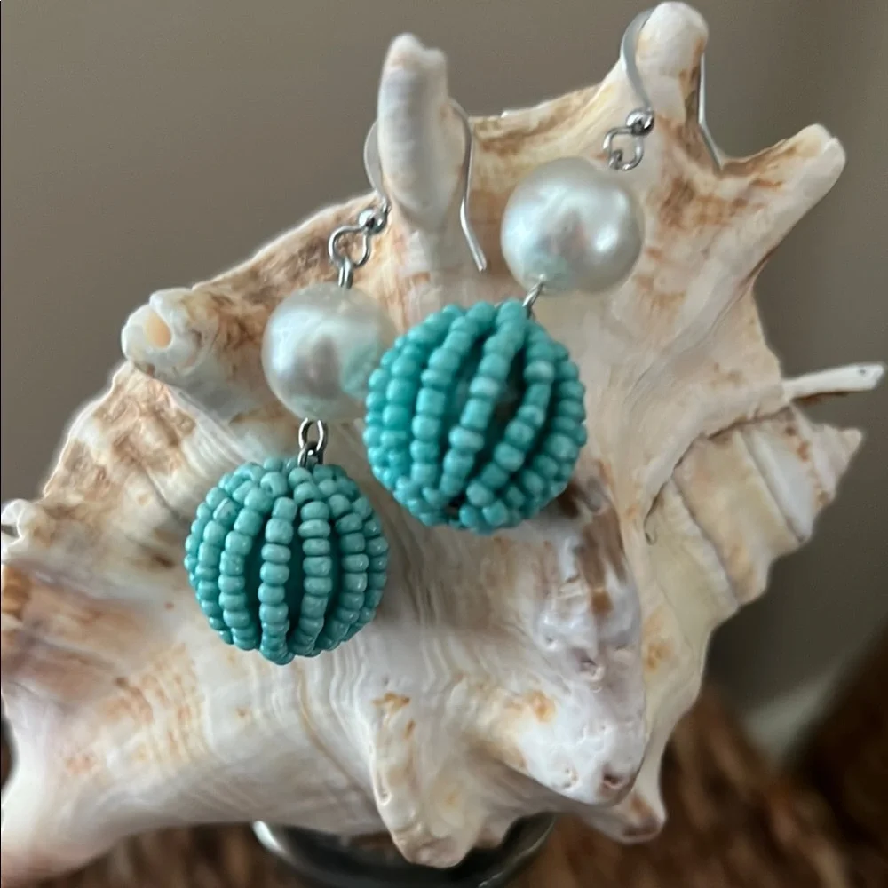 Turquoise Beaded Faux Pearl Dangly Earrings